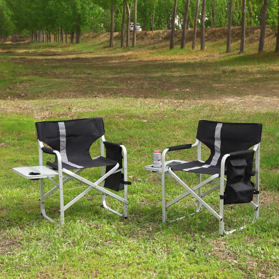 Value 2-piece Padded Folding Outdoor Chair with Side Table and Storage Pockets,Lightweight Oversized Directors Chair for indoor, Outdoor Camping, Picnics and Fishing,Black/Grey