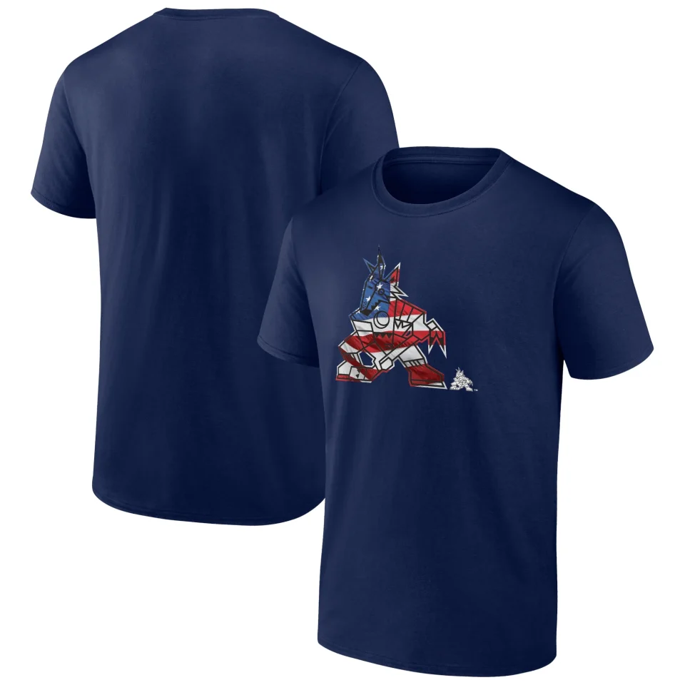 Glossy Upgraded Men's Fanatics Branded Navy Arizona Coyotes Banner Wave Logo T-Shirt