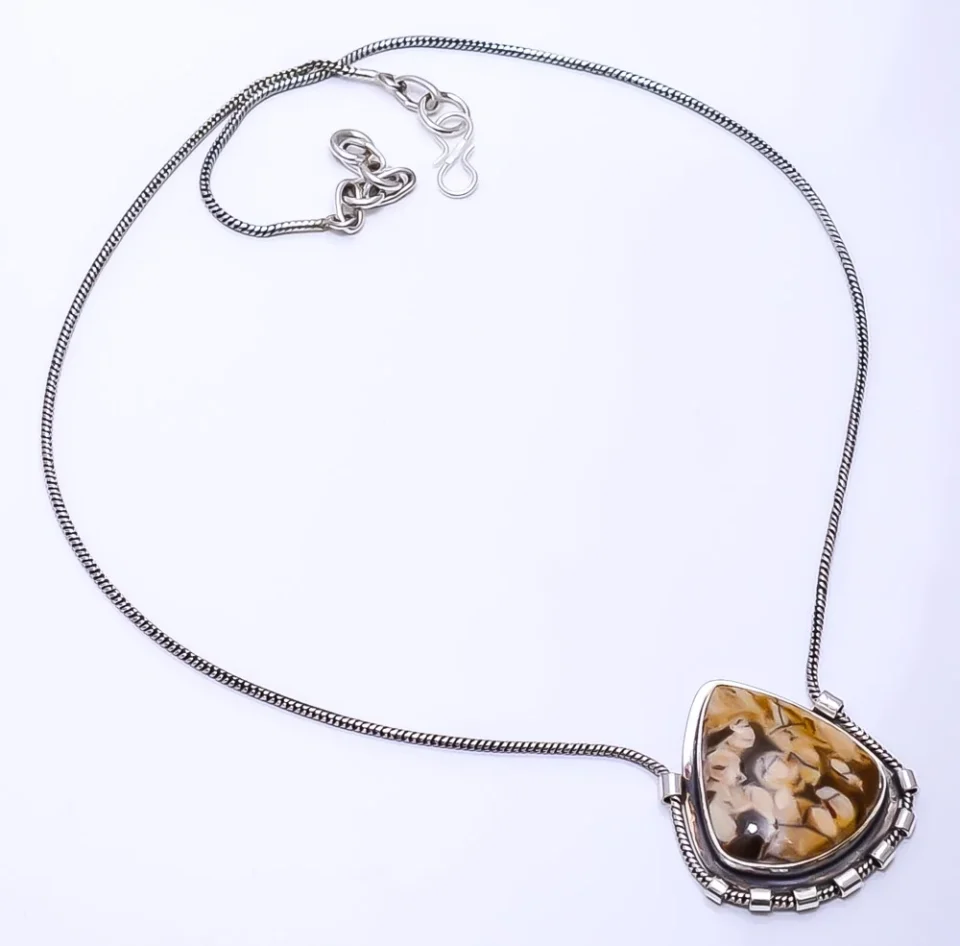 Pure Petrified Peanut Wood Jasper -Australia 925 Silver Plated Chain Pendant 19-23, Brown Peanut Wood Jasper Necklace N_9269_108_41