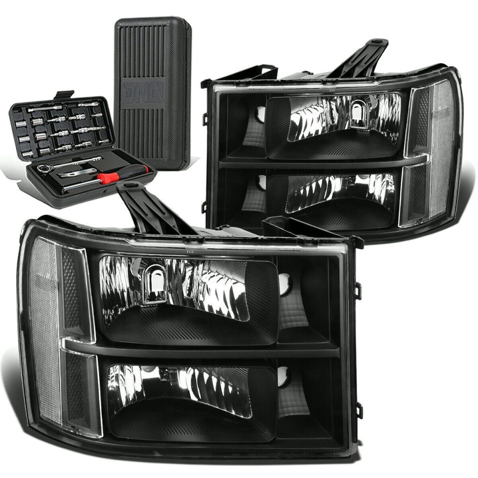 Natural Easy-Clean 2007-2013 GMC Sierra 1500 Pair Black/Clear Signal Headlight Lamps+Tool Box