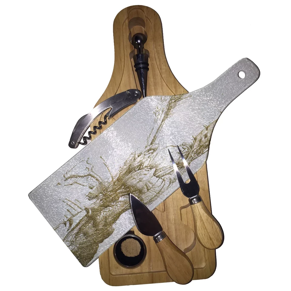 Frosted Popular KuzmarK Wine & Cheese Glass Cutting Board Wood Box Gift Set - Lacrosse