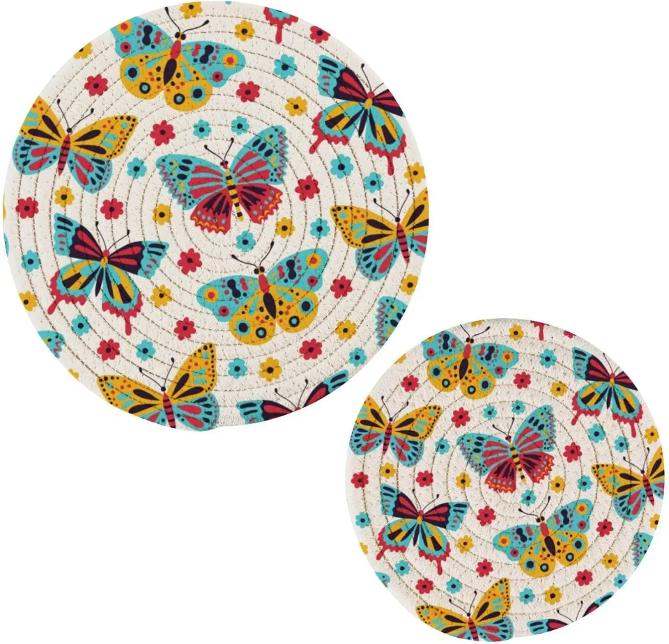 Long-Lasting Hotbar Colorful Butterfly Pot Holder Set of 2, Pure Cotton Heat Resistant Wear-Resistant and Non-Slip Stylish Round Pot Holder for Daily Kitchen,Dining Table,Office,Cafe, Restaurant,BBQ