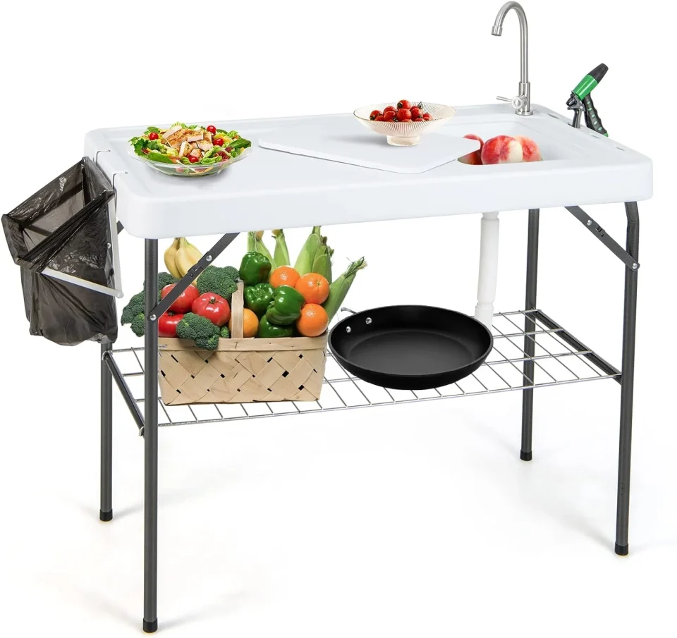 Safe Folding Fish Cleaning Table with Sink and Spray Nozzle, Portable Camping Sink Table with Faucet, Drainage Hose, Grid Rack, Knife Groove, Outdoor Fish Fillet Cleaning Station for Dock Picnic