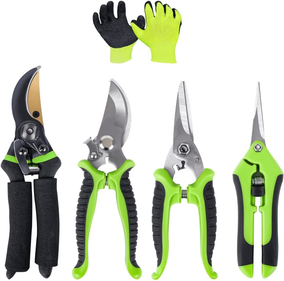 Frosted Lightweight AudcaLight Garden Pruning Tool. 4-Pack Bypass Pruning Shears. Titanium Steel Blade. With Gardening Gloves. Shears Stainless
