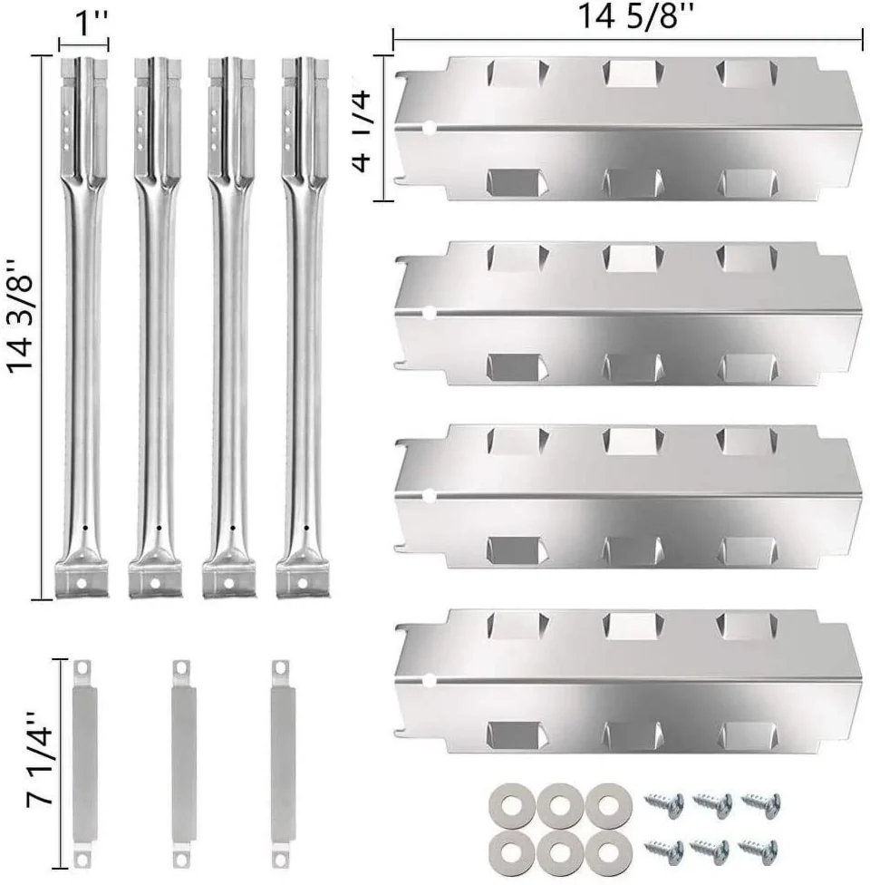 Kitchen Set of 4 Stainless Steel Heat Plates, Burners and Three Crossover Channels for Gas Grill Models from Charbroil, Kenmore, Thermos, Master Forge