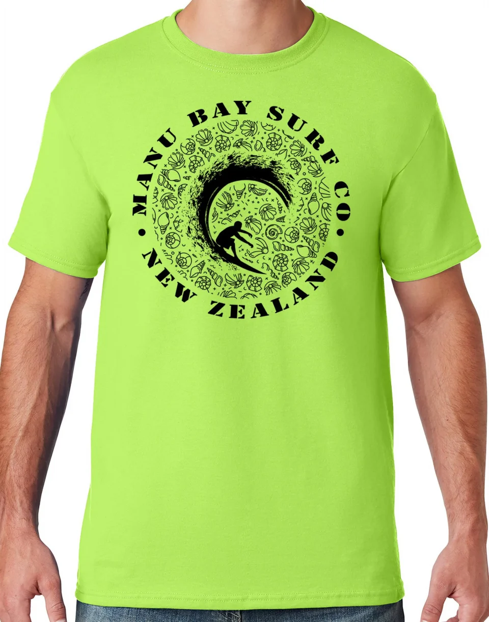 Baking Mens Manu Bay Surf Company BLACK BARREL SURFER T-shirt, Large Neon Green