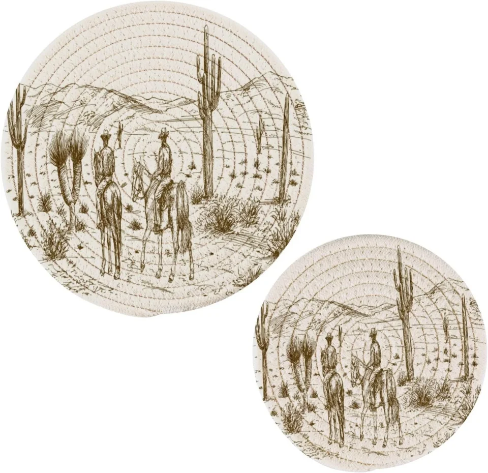 Cleaning Versatile Bestwell Western Desert Cowboy Cotton Pot Holder Set of 2, Pure Cotton Heat Resistant Wear-Resistant and Non-Slip Stylish Round Pot Holder for Daily Kitchen,Dining Table,,Cafe, Restaurant,BBQ