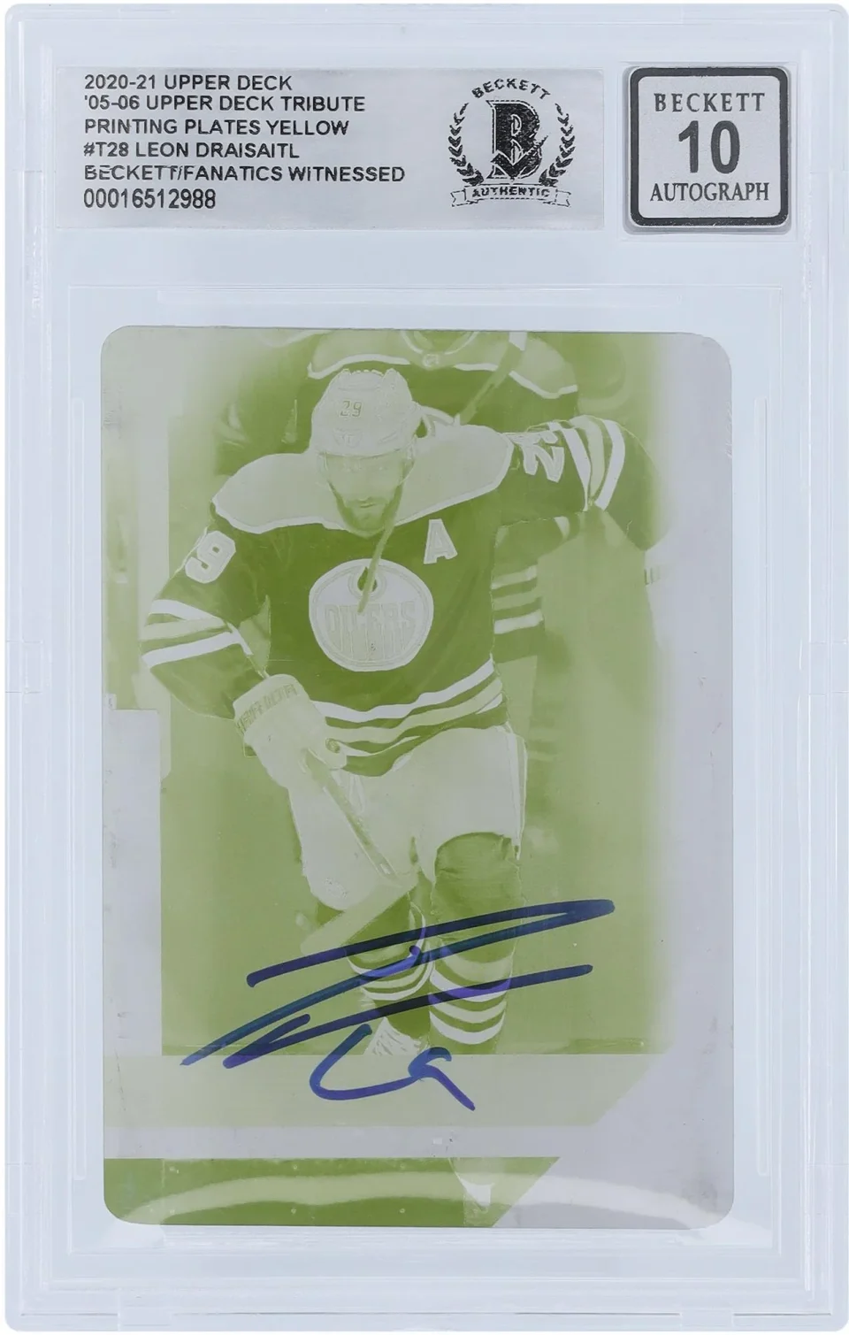 Natural Leon Draisaitl Edmonton Oilers Autographed 2020-21 Upper Deck UD 05-06 Tribute Yellow Printing Plate #T-28 #1/1 Beckett Fanatics Witnessed Authenticated 10 Card - Fanatics Authentic Certified