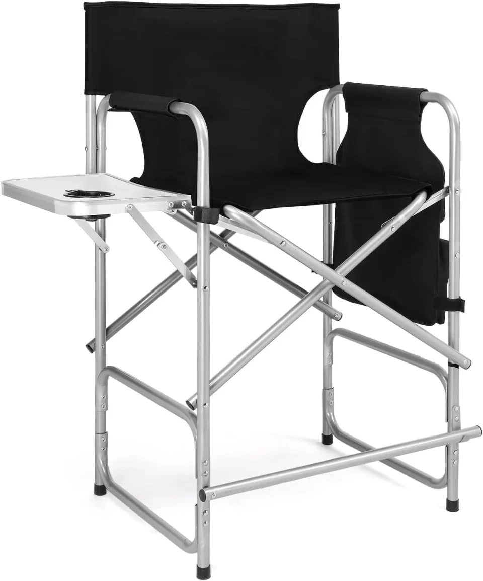 BPA-Free 26 Tall Folding Directors Chair with Side Table,Portable Makeup Artist Bar Height, Steel Frame 300 lbs Capacity, 19.2 D x 23.6 W x 40.5 H