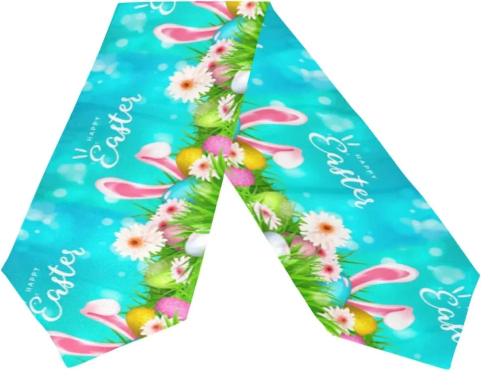 Upgraded Dreamtimes Double Sided Easter Rabbit Ears Eggs Long Polyester Table Runner 13 x 90 Inches, Easter Holiday Table Cloth Cover Placemats for Kitchen Dinning Living Holiday Wedding Party Decor