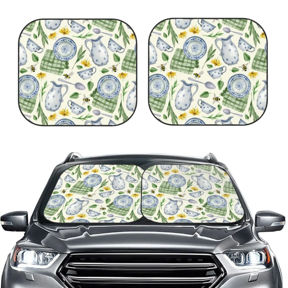 Wooden Travel Coaee Vintage Utensils Foldable 2-Piece Car Sunshades Windshield Sun Shade Reflect UV Sun for Most Sedans SUV Truck - Small