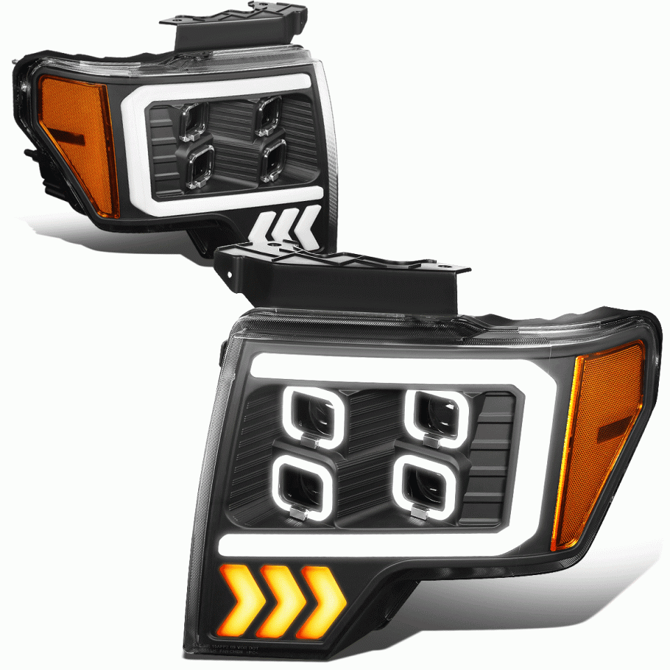 Versatile 2009-2014 d F-150 LED DRL Halo Quad Projector Headlight Lamps Black/Amber