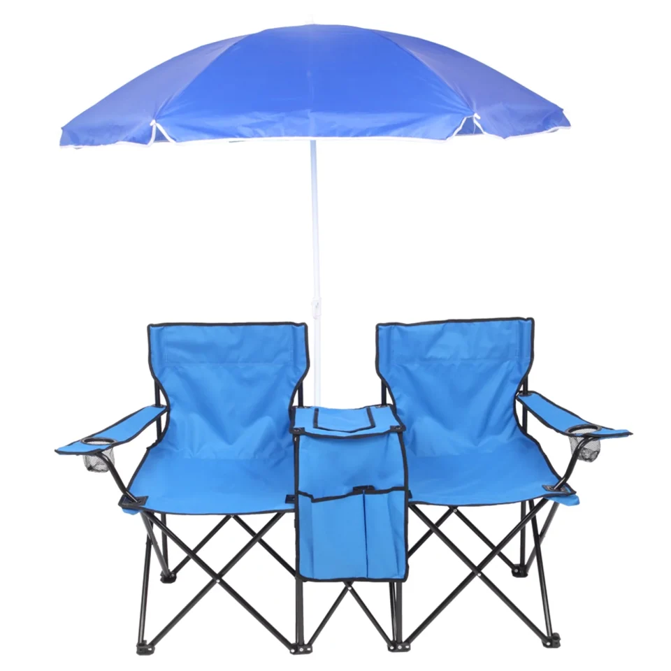 Stainless Steel Foorsun Folding Double Camping Chair, Outdoor Picnic Chairs w/Removable Umbrella, Mini Table, Cup Holder & Carrying Bag, Portable Camping Loveseat for Patio, Pool, Lawn, Beach, Park (Blue)