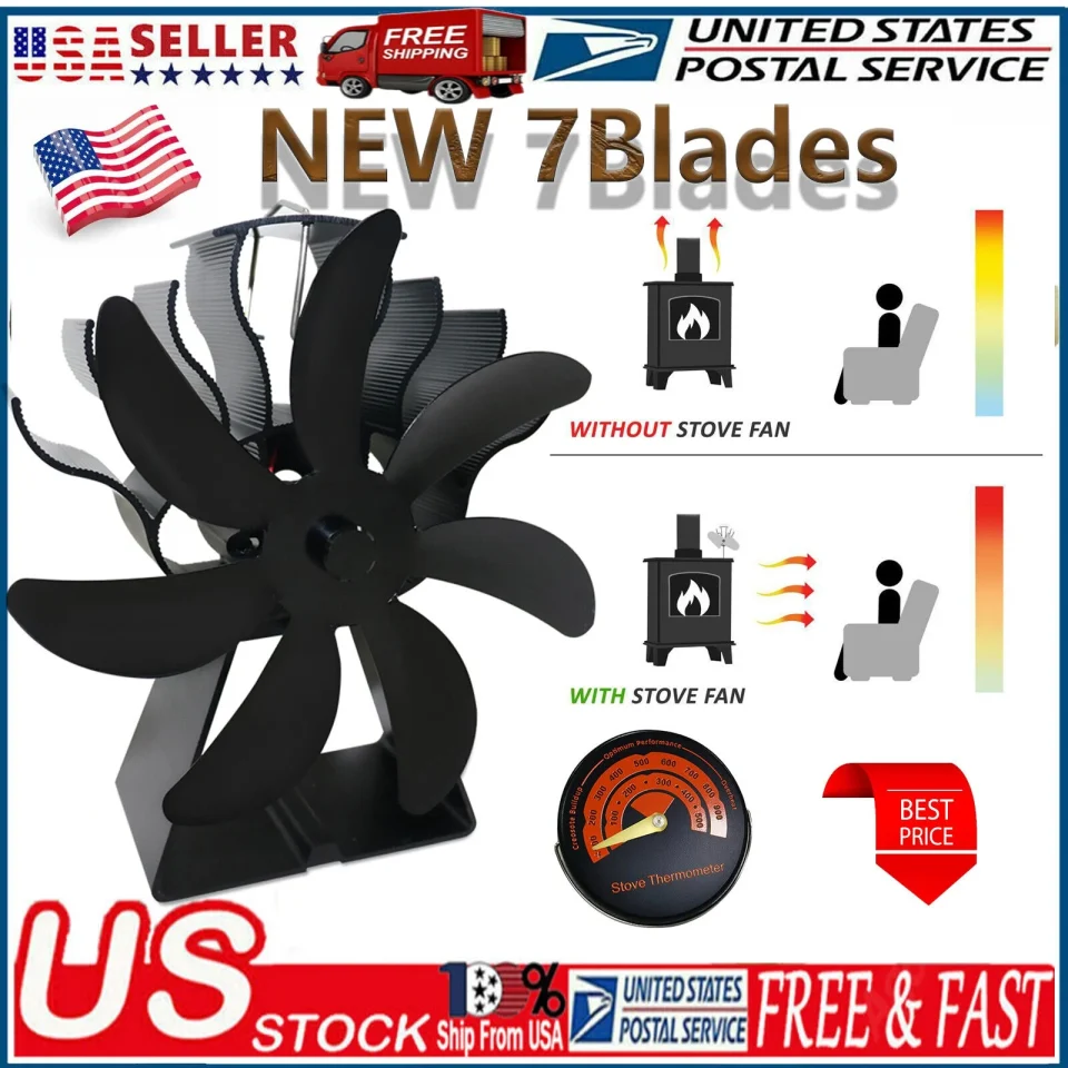 Cleaning 7Blades Fireplace Stove Fan Heat Powered Stove Fan for Log Wood Burner Stove NEW