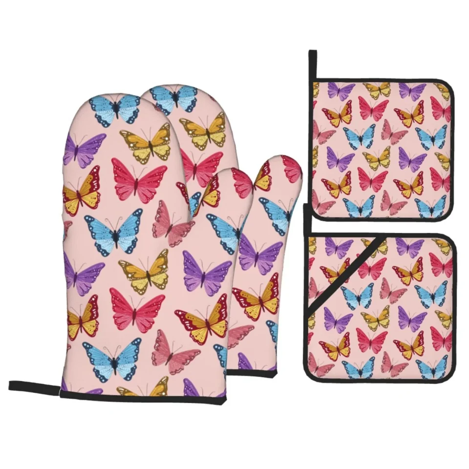 Leak-Proof XMXT Waterproof Oven Mitts and Pot Holders Sets, Vintage Pink Colorful Butterfly Sets Kitchen Cooking Heat Resistant, 4 Pcs