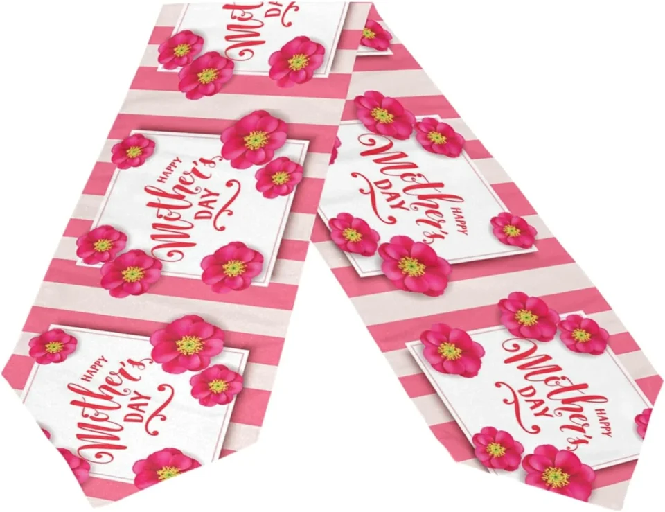 Top-Rated GZHJMY Double Sided Happy Mother's Day Long Polyester Table Runner 13 x 90 Inches, Stripe Cartoon Carnation Table Cloth Cover Placemats for Kitchen Dinning Living Holiday Wedding Party Decor
