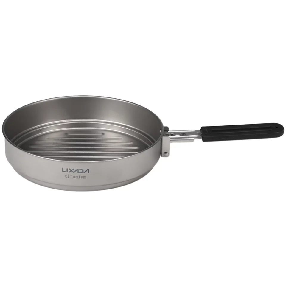 Clear Lightweight Lixada 1100ml Titanium Fry Pan Ultralight Grill Frying Pan with Folding Handle for Outdoor Cooking Camping Hiking Backpacking