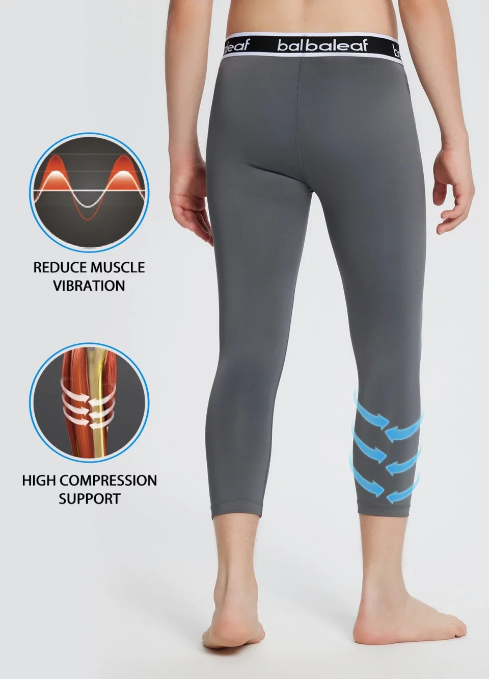 Glossy Space-Saving Baleaf Tights For Boys Compression Pants 3/4 Leggings Kids Basketball Football Grey L