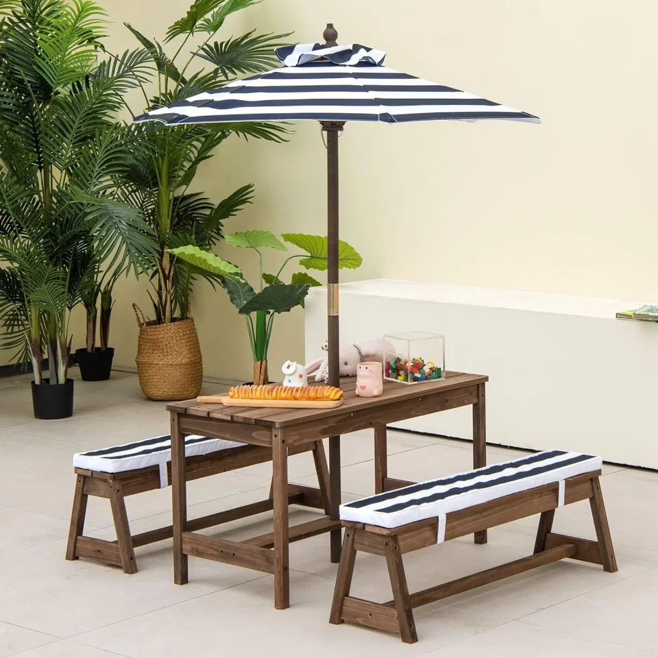 Cleaning Wooden Kids Picnic Table with Folding Umbrella - Outdoor Table & Bench Set for Toddlers(Blue)