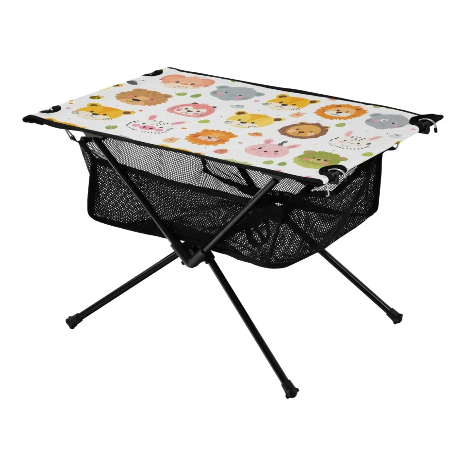 Premium Cartoon Animals Cats Lions Camping Folding Table Portable Beach Table with Storage Bag Compact Picnic Table for Outdoor Travel Fishing BBQ