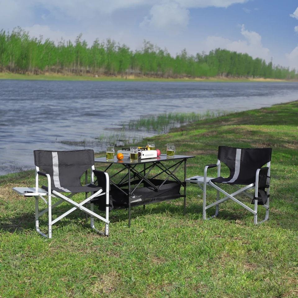 Outdoor Set of 3, Folding Outdoor Table and Chairs Set for Indoor, Outdoor Camping, Picnics, Beach,Backyard, BBQ, Party, Patio, Black/Gray