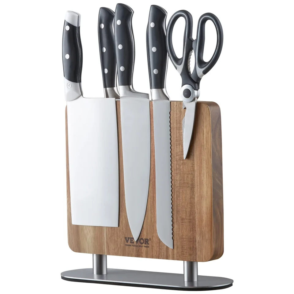 Thickened Multi-Purpose SKYSHALO 10 in Magnetic Knife Block Double side Knives Holder Acacia Wood Knife Stand for Kitchen Cutlery Display Rack and Organizer with Thickened Stainless Steel Base