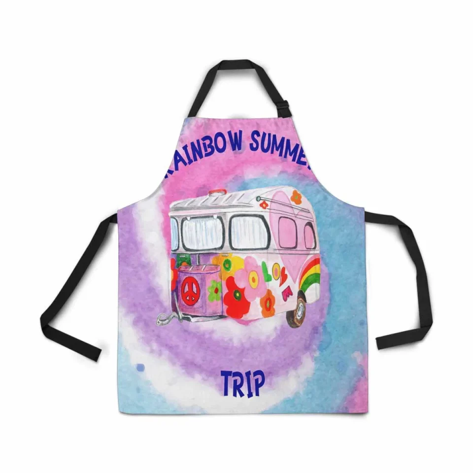 Essential Glass ASHLEIGH Adjustable Bib Apron for Women Men Girls Chef with Pockets Hippie Camper Trailer Peace Sign Flower Summer Travel Kitchen Apron for Cooking Baking Gardening Pet Grooming Cleaning